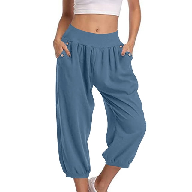 Timegard Womens Capri Pants Elastic High Waist Button Comfy Solid Color Casual Crop Pants with Pockets