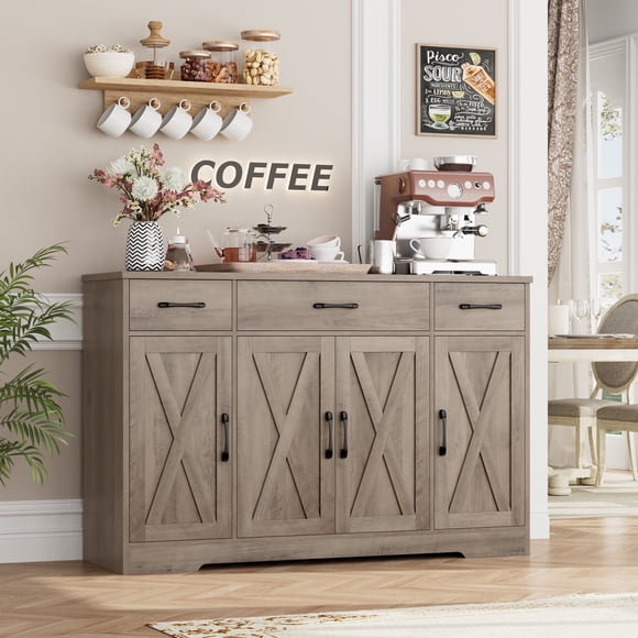 Homfa Buffet Cabinet with 3 Drawers and 4 Doors, 55.1” W Kitchen Sideboard Storage Cabinet with Adjustable Shelves, Farmhouse Coffee Bar Cabinet for Dining Room, Gray