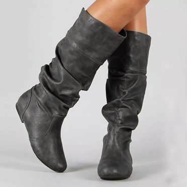 YOUSNH Womens Ladies Flat Slip on Round Toe Pleated Thigh Boots Shoes Boots for Womens Women Boots Grey 7.5