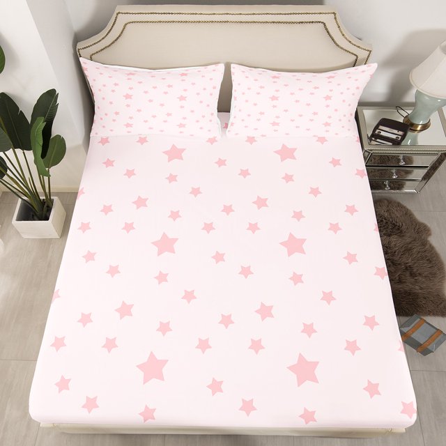 Drap-housse pour Enfants à Étoiles Roses Taille Simple, Ensemble de Literie de Dessin Animé Ciel Étoilé Princesse de Rêve, Déco de Chambre Filles Femmes, Patchwork Géométrique d'Étoiles Girly Romantique, 1 Taie d'Oreiller (Sans Drap du Dessus)