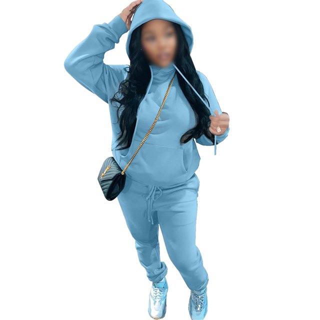 MAWCLOS Ladies Two Piece Outfit Drawstring Tracksuit Sets Long Sleeve Jogger Set Straight Leg Sports Hooded Neck Sweatsuits Sky Blue 2XL