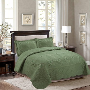 MarCielo Ensemble de 3 Pcs Courtepointes Entièrement Matelassées Brodées Couvre-Lits Couvre-Lits Couvre-Lits Ensemble Emma (Format Grand, Sauge)