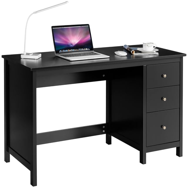 Costway Computer Desk Study Writing Desk Home Office Workstation with 3 Drawers Black. A black MDF desk with ergonomic height, spacious tabletop, and three drawers with round knobs for storage. Suitable for home offices, studies, or as a modern workstation.