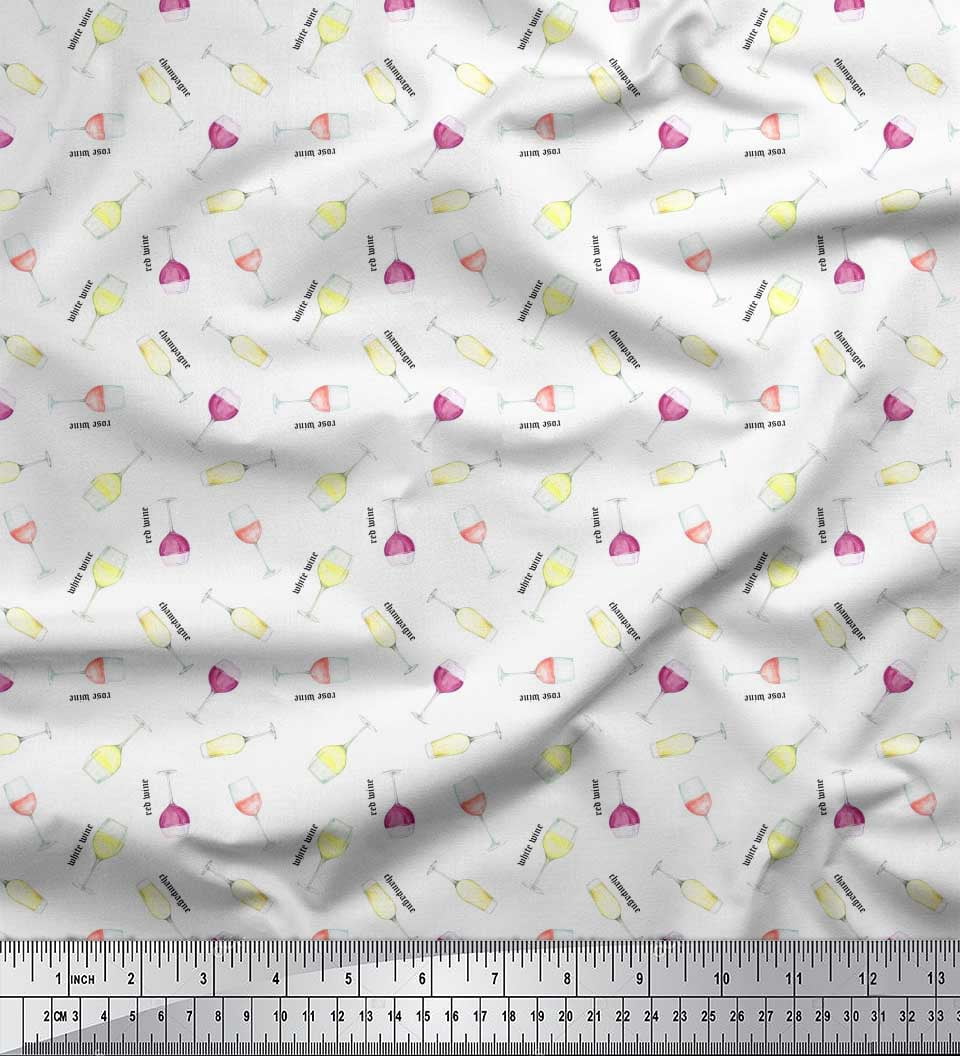 Soimoi White Rayon Fabric Text & Wine Glass Bar Print Fabric by Yard 42 Inch Wide