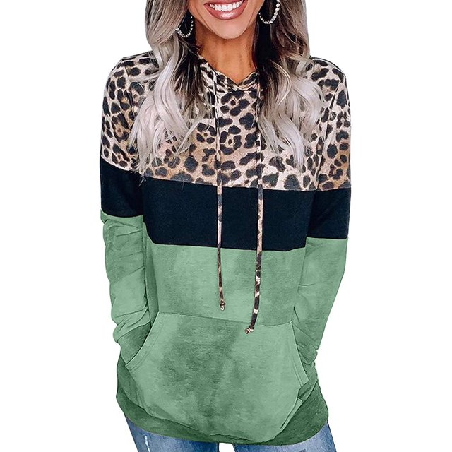 Chandail à Capuchon pour Femmes à Blocs de Couleur Léopard Camouflage Patchwork, Chandail à Cordon, Haut à Enfiler avec Poche