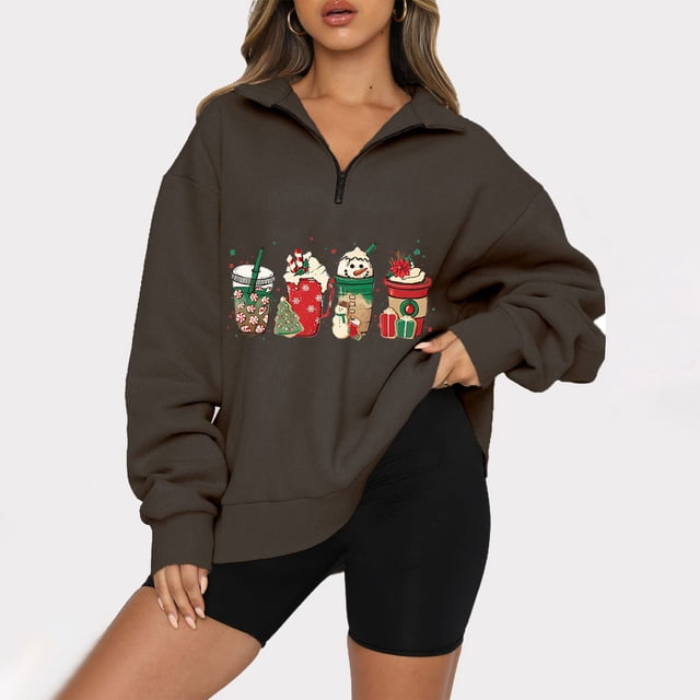 2023 Chandails à Capuche de Noël pour Femmes Mode Décontractée Col à Revers Manches Longues T-Shirt Ample Blouse Chandail Hauts en Liquidation