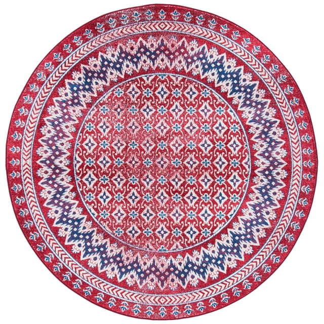 SAFAVIEH Brentwood Dolkar Abstract Geometric Area Rug, round with intricate geometric and floral motifs in rich red, blue, and white tones. Made with durable synthetic yarn in a close cut pile, ideal as an accent rug for traditional or transitional home decor.
