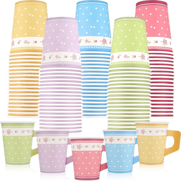 YLOLUL 100 Floral Paper Tea Cups Disposable Cups Party Supplies Colorful Flower Teacups with Handle Drink Paper Teacups for Tea Party Supplies Baby Shower Wedding Birthday, Severs