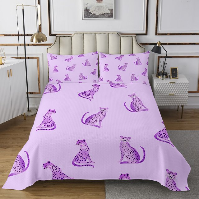 Erosebridal Chic Purple Coverlet Set King, Wild Cheetah Bedding Set, Jungle Animal Room Decor 3-Piece