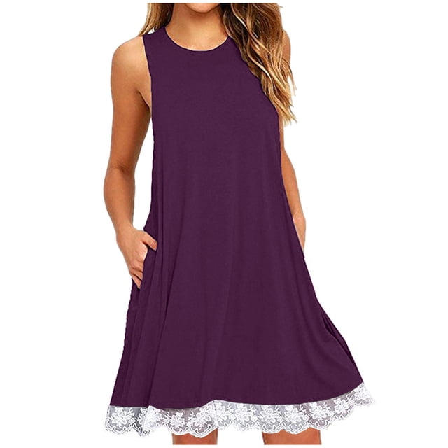 FAIWAD Robes T-Shirt d'Été pour Femmes Tendance Robe Mini en Dentelle Patchwork Décontractée Boho Débardeur Robe d'Été avec Poches