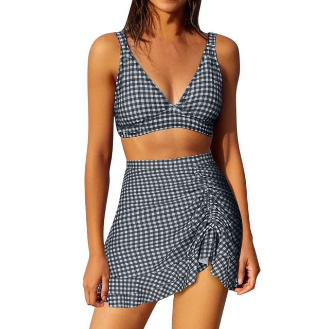 Kyusrd Maillots de Bain avec Jupe Deux Pièces Maillots de Bain Maillots de Bain Femmes à Carreaux Deux Pièces Maillots de Bain Bandage Maillots de Bain Col Rond Dos Nu