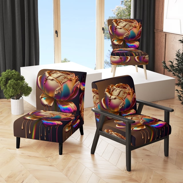 Designart "Hyperrealistic Rainbow Peony with Liquid Gold Drips II" Multicolor Flower Upholstered Accent Chair - Modern Arm Chair For Living Room