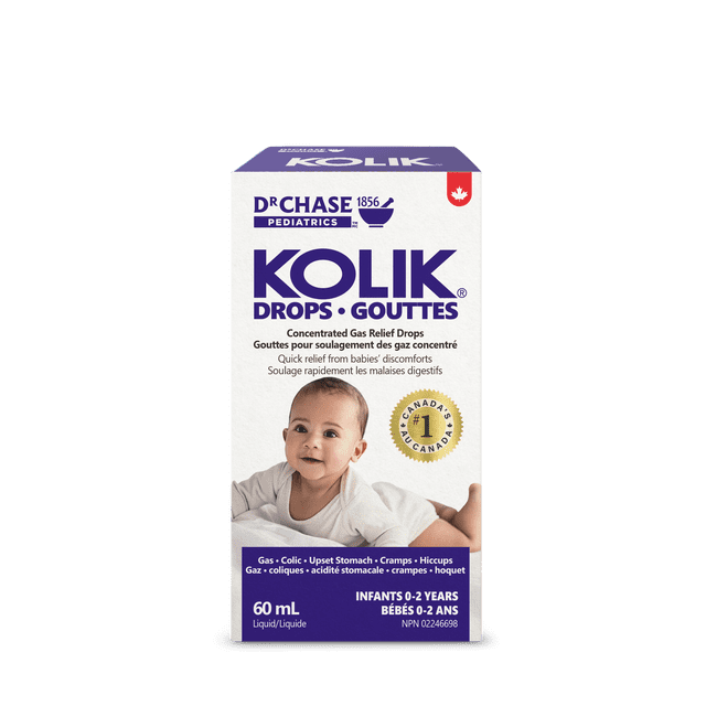Boîte de Gouttes Anti-Gaz DC KOLIK Contenant 60 ml de Liquide Concentré pour Nourrissons de 0 à 2 Ans, Formulée pour Soulager le Gaz, les Coliques, les Crampes, le Hoquet et les Maux d'Estomac, avec Étiquetage Bilingue Anglais et Français et un Sceau Doré Indiquant le Choix Numéro un du Canada.