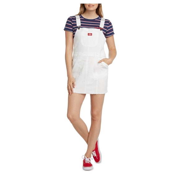 Dickies Womens White Frayed Pocketed Bib Overall Sleeveless Square Neck Mini Dress Juniors S
