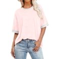 thumbnail image 1 of Staron Plus Size T-Shirts for Women Casual Patchwork Color Round Neck Short Sleeve Loose Comfy Basic Spring Summer Top, Pink 4XL, 1 of 4