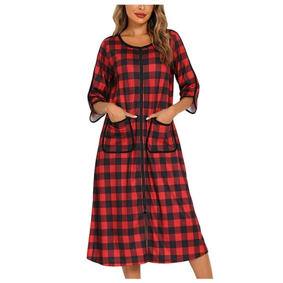 DEBGFS Robes For Women Zipper Robe 3/4 Sleeve Nightgown Sleepwear Full Length Duster Housecoats Loungewear With Pockets Loose Pajamas,L,blueplaid