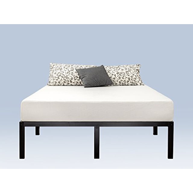 Zinus 14 inch Classic Metal Platform Bed Frame with Steel Slat, twin size, black metal frame with steel slat support shown with mattress and three pillows on a plain light blue background, providing 12 inches of clearance for under-bed storage and eliminating the need for a box spring.