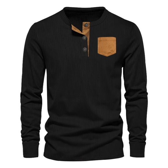 Jalioing Men's Corduroy Shirts Vintage Fashion Long Sleeve Button Crew Neck T Shirt Casual Pullover Tee with Pocket