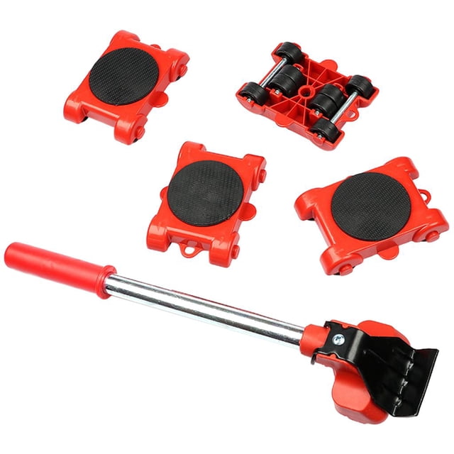 Ensemble de 5 Pcs d'Outils de Déplacement pour Meubles, Chariot Élévateur pour Transporter des Articles Lourds et Déplacer des Rouleaux à Roulettes, Incluant Quatre Rouleaux à Roulettes Rouges avec Tampons en Feutre Noirs et un Levier en Métal avec Poignée Rouge. Idéal pour lever et Déplacer des Meubles Ou Électroménagers Lourds jusqu'à 600 Lb avec rotation à 360 Degrés, Convient aux Tâches de Déménagement à la Maison et pour Appareils.