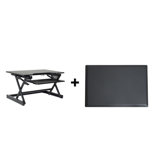 Rocelco 32" Height Adjustable Standing Desk Converter BUNDLE - Sit Stand Computer Workstation Riser with Anti Fatigue Mat - Dual Monitor Retractable Keyboard Tray Gas Spring  (Black)