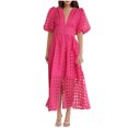 thumbnail image 1 of Mikilon Robes d'Été pour Femmes Ensemble Jupe Aguichant Robe à Carreaux à Manches Courtes Lanterne Aguichant à Col en V Profond Robes Gaine Mode Décontractée Taille Haute Unie Robe de Soirée avec Fente Rose Vif P, 1 of 6