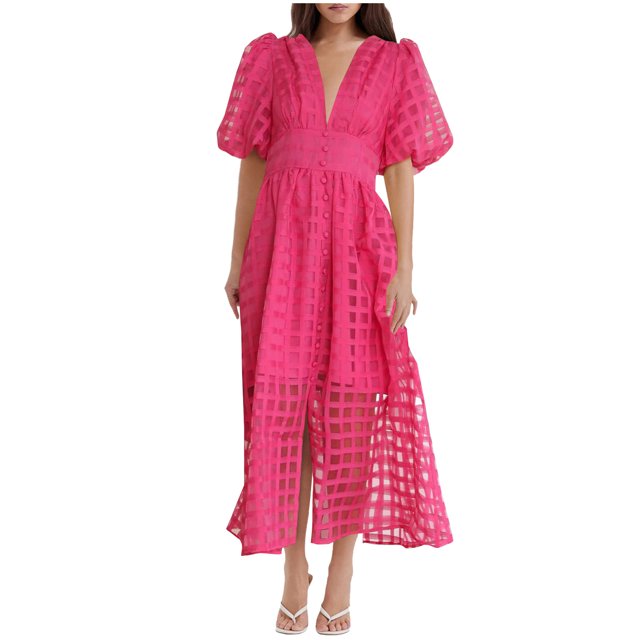 Mikilon Robes d'Été pour Femmes Ensemble Jupe Aguichant Robe à Carreaux à Manches Courtes Lanterne Aguichant à Col en V Profond Robes Gaine Mode Décontractée Taille Haute Unie Robe de Soirée avec Fente Rose Vif P