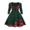 thumbnail image 1 of Women‘s Spring Autumn Patchwork Dress Long Sleeve Square Neck Plaid Zipper A-Line Dress, 1 of 5