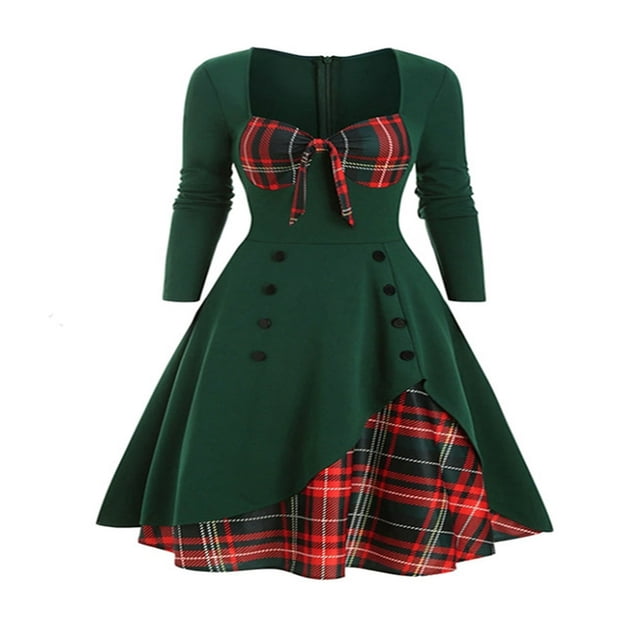 Women‘s Spring Autumn Patchwork Dress Long Sleeve Square Neck Plaid Zipper A-Line Dress
