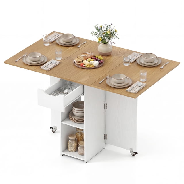 Gymax Folding Dining Table w/2 Open Shelves & Drawer 2 Lockable Universal Wheels Natural & Black