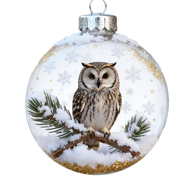 2D Acrylic Animal Themed Christmas Tree Decorations Set Shatterproof Ornaments For Home And Holiday Festive. A clear acrylic ornament showcasing an owl perched on a snow-covered branch, surrounded by gold glitter accents and snowflake patterns. Lightweight and shatterproof, perfect for Christmas tree decoration, holiday ornament displays, or festive acrylic decorations.