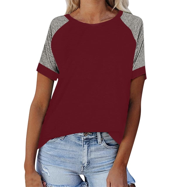 Plebaso T-Shirts Femmes Manches Courtes Bloc de Couleur Col Rond Tee-Shirts Amples Blouses d'Été Tops