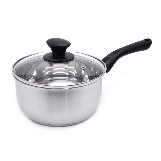 Starbasix Casserole en Acier Inoxydable 2,3 L (2,4 Qt) avec Couvercle, Acier Inoxydable Poli avec base en Aluminium Encapsulée, Couvercle en Verre Trempé Transparent avec Évent de Vapeur, Poignée en Bakélite Noire, compatible induction, Va au Four jusqu'à 350 °F, Va au Lave-Vaisselle, Idéal pour Cuisiner des sauces et des Soupes.