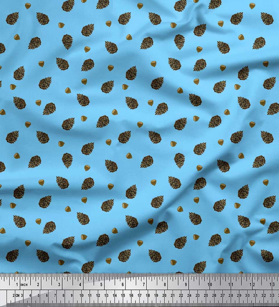 Soimoi Blue Silk Fabric Oaknut & Fruits Print Fabric by Yard 42 Inch Wide
