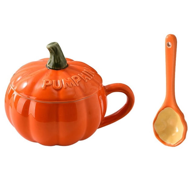 Pumpkin Coffee Mug, Pumpkin Mug with Lid & Spoon, Cute Ceramic Fall Mugs Orange Cartoon Coffee Cup
