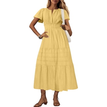 Weiqiqre Robes d'Été pour Femmes 2025 Vacances Été Robe Midi 2025 Décontractée à Manches Courtes Col en V Boutons Ceinturée à Volants Coupe Évasée Fluide avec Poches