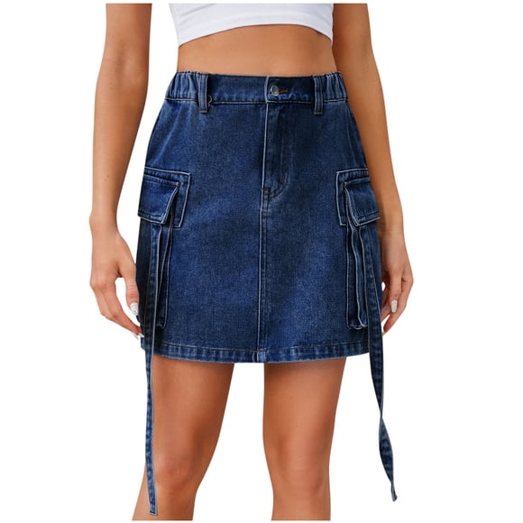 Mrat Asymmetrical Skirt Women's Elastic Waist Stretch Slim Fitting Pocket Denim Short Skirt Half Jean Skirts A-Frame Skirts S-62 Dark Blue S