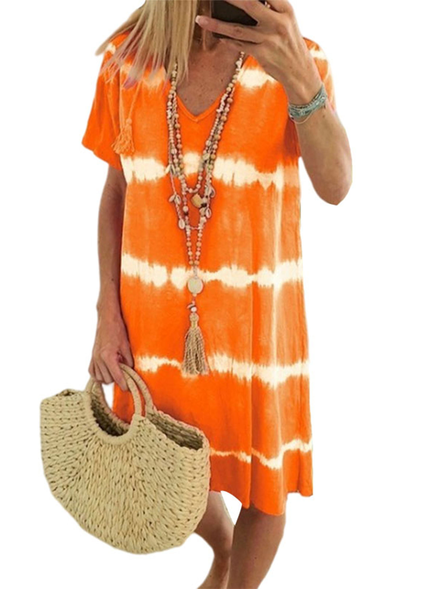 LUXUR Dames Robe Soleil Manches Courtes Tunique Robes V Cou Midi Robe Bohème Cravate Colorant Orange XL