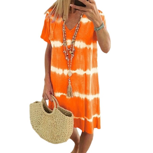 LUXUR Robe d'Été Femme Manches Courtes Tunique Col en V Robe Midi Bohème Teinture sur Nœuds Orange 3TG