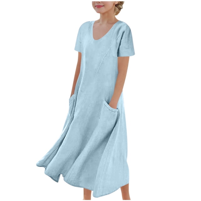 Tranfacy Robe d'Été pour Filles, Robe Maxi pour Jeunes Filles, Robe à Manches Courtes pour Fille, Robe de Princesse à la Mode et Mignonne, Robe Respirante Douce et Confortable