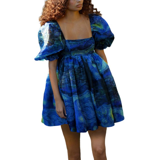 SAYOO Robe Femme Dos Nu Courte Princesse Robe à Bulles, Robe Mini à Manches Courtes Florale Robe Décontractée à Encolure Carrée Robe d'Été pour Femmes Robes Courtes de Rue pour Filles Robes de Plage Robes Courtes de Fée pour Adolescentes