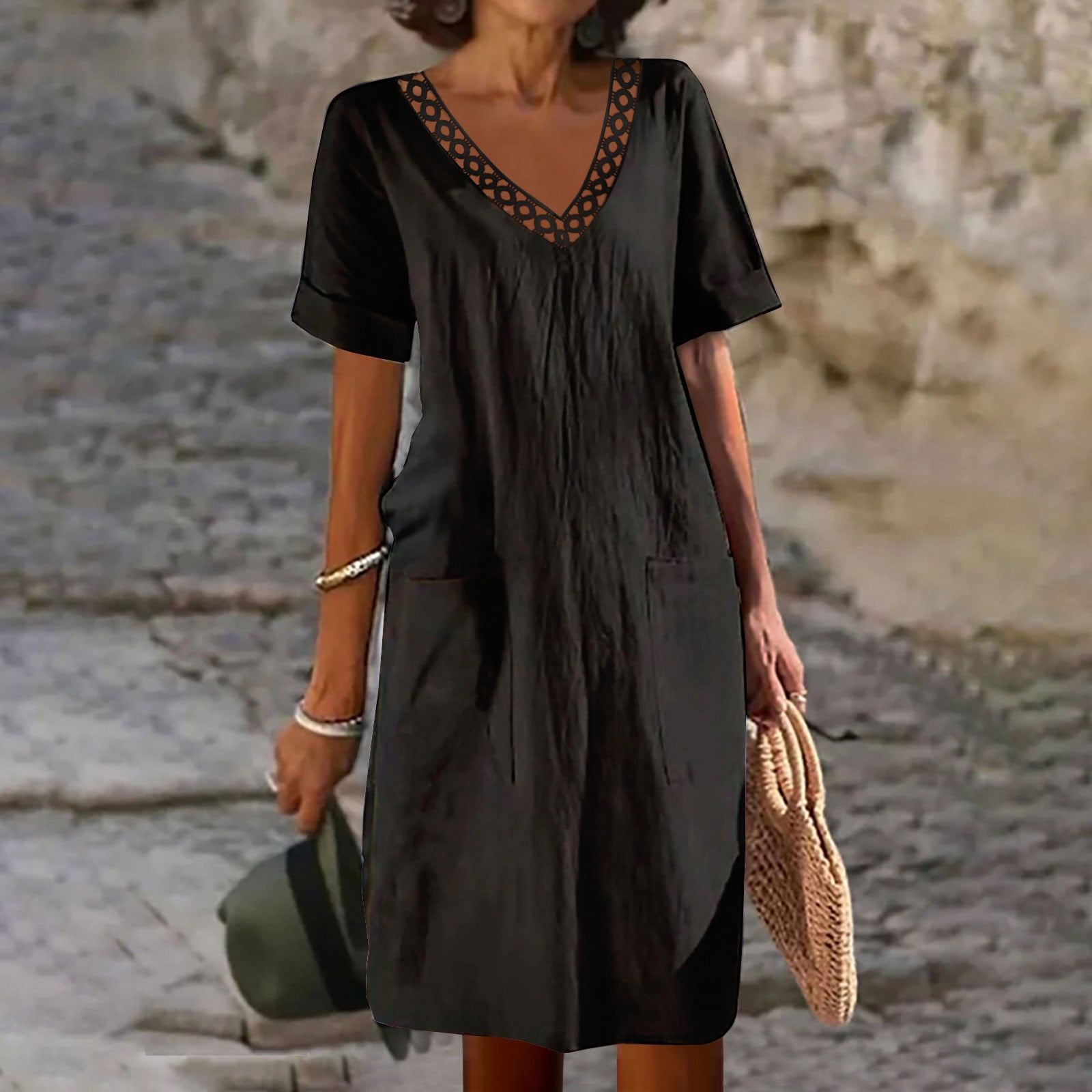 LOVZFMLL Robe d'Été Aguichant et Tendance à Imprimé Sans Manches à Col en V pour Femme Noir m