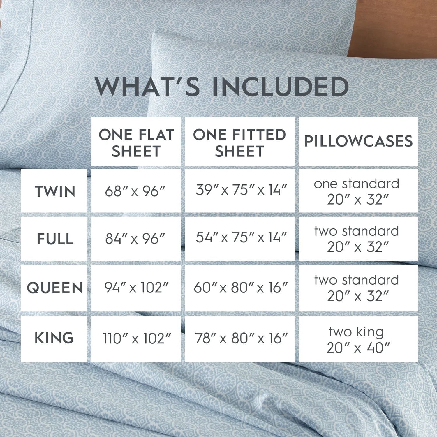 Better Homes & Gardens Ensemble de draps en satin de coton 300 fils, 4 pièces – Eau bleue Suzani, Très grand lit (King)