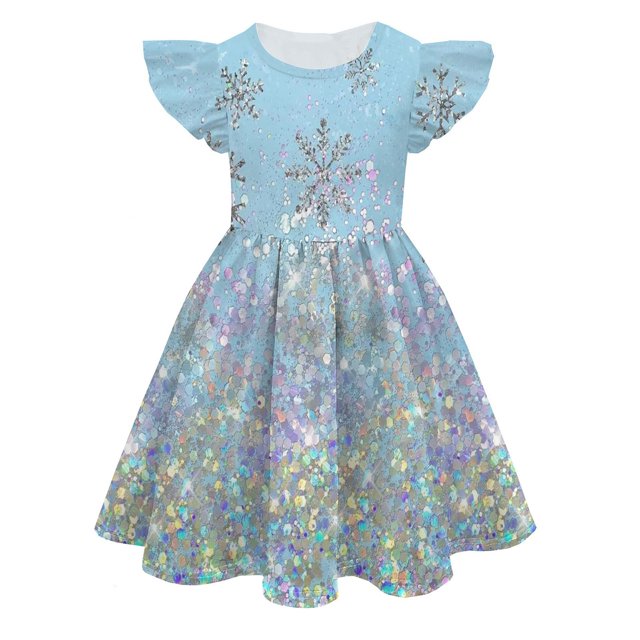 PMVFHDE Liquidation Robe de Fête Filles Été Couleur Impression Numérique 3D Mignonne Personnalité Robe Mode Robe à Manches Volantées, Gris Clair, 8-9 Ans
