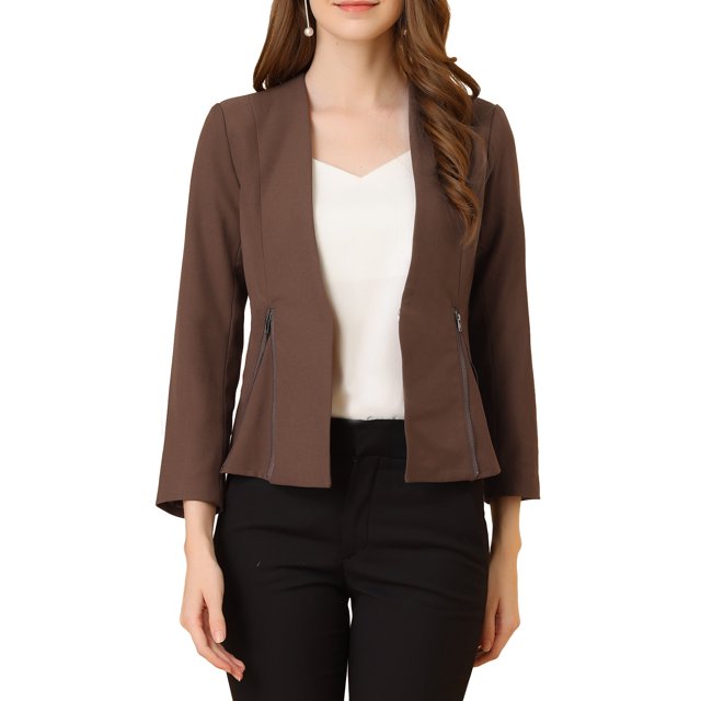 INSPIRE CHIC Women's Workwear Zipper Collarless Cropped Blazer XS Coffee