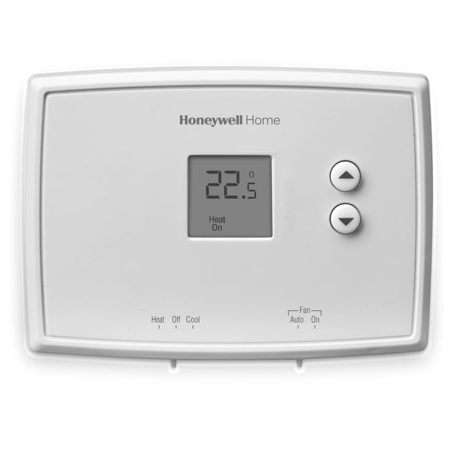 Honeywell Home Digital Non-Programmable Thermostat with white rectangular body, central digital display showing 22.5°C and 'Heat On', two round soft-touch buttons on the right for temperature adjustment, and labeled Heat, Off, Cool, and Fan modes at the bottom, ideal for straightforward heating and cooling control in Canadian homes.
