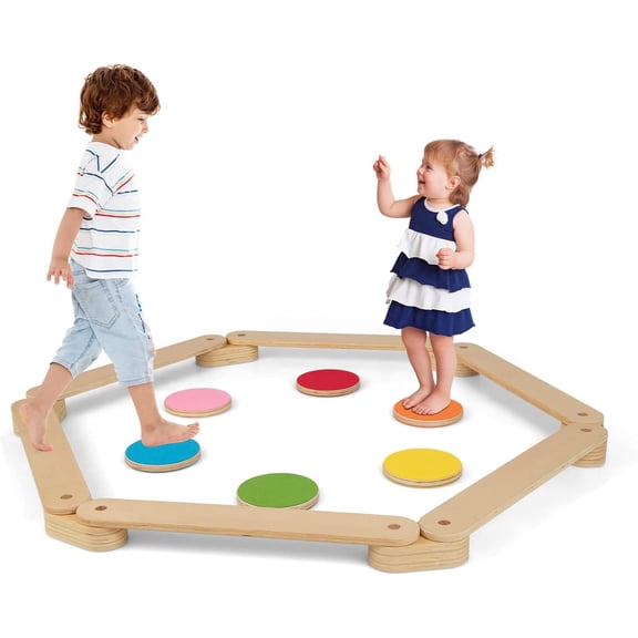 OLAKIDS Pierres de Marche Montessori en Bois avec Poutre d'Équilibre pour Enfants et Tout-Petits, Course d'Obstacles de 12 Pcs pour Intérieur Extérieur, Mobilier Jouet de Gymnastique, Développer la Coordination et les Habiletés Motrices