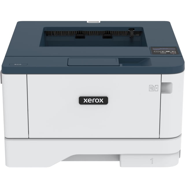 Xerox B310 Printer B310/DNI front view showing a compact black-and-white printer with a dark blue top and white body, featuring a paper output tray, control panel, and Xerox logo, ideal for small business or home office use with automatic two-sided printing, mobile-ready wireless connectivity, and print speeds up to 42 pages per minute.