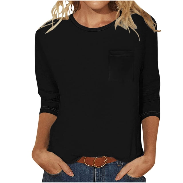 Diufon T-Shirts pour Femmes à Manches 3/4, Grande Taille, Coupe Ample, Col Ras du Cou, Mignons, Doux, Habillés, Vêtements d'Automne Mode avec Poche