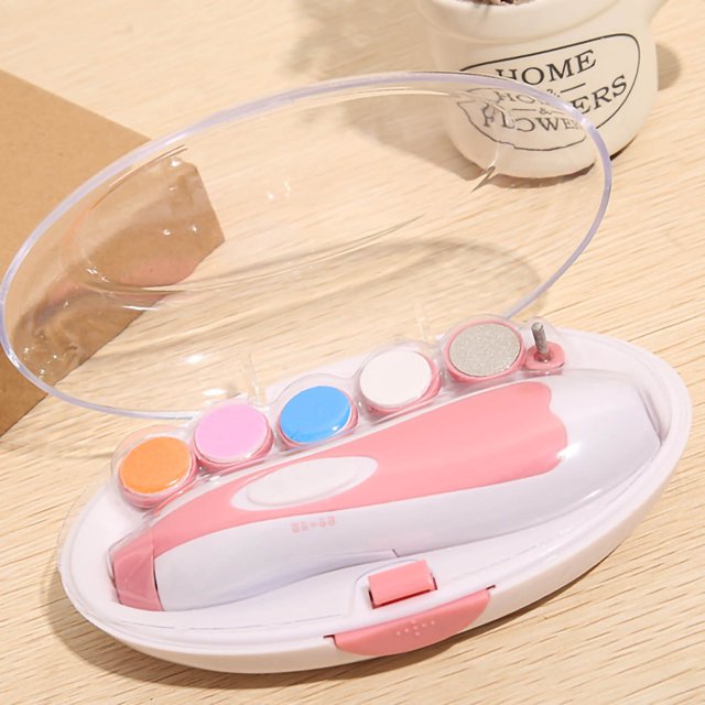 Baby Electric Nail Trimmer with a pink and white ergonomic design, featuring six multifunctional grinding heads in various colours for different nail care needs. The set includes a transparent protective case and an LED light for easy nighttime use. Made of durable ABS material, it operates with two AA batteries (not included).