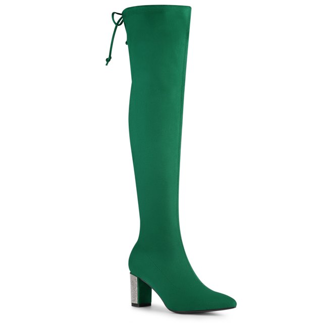 Unique Bargains Women's Chunky Heels Rhinestone Over the Knee High Boots Green (Size 9)